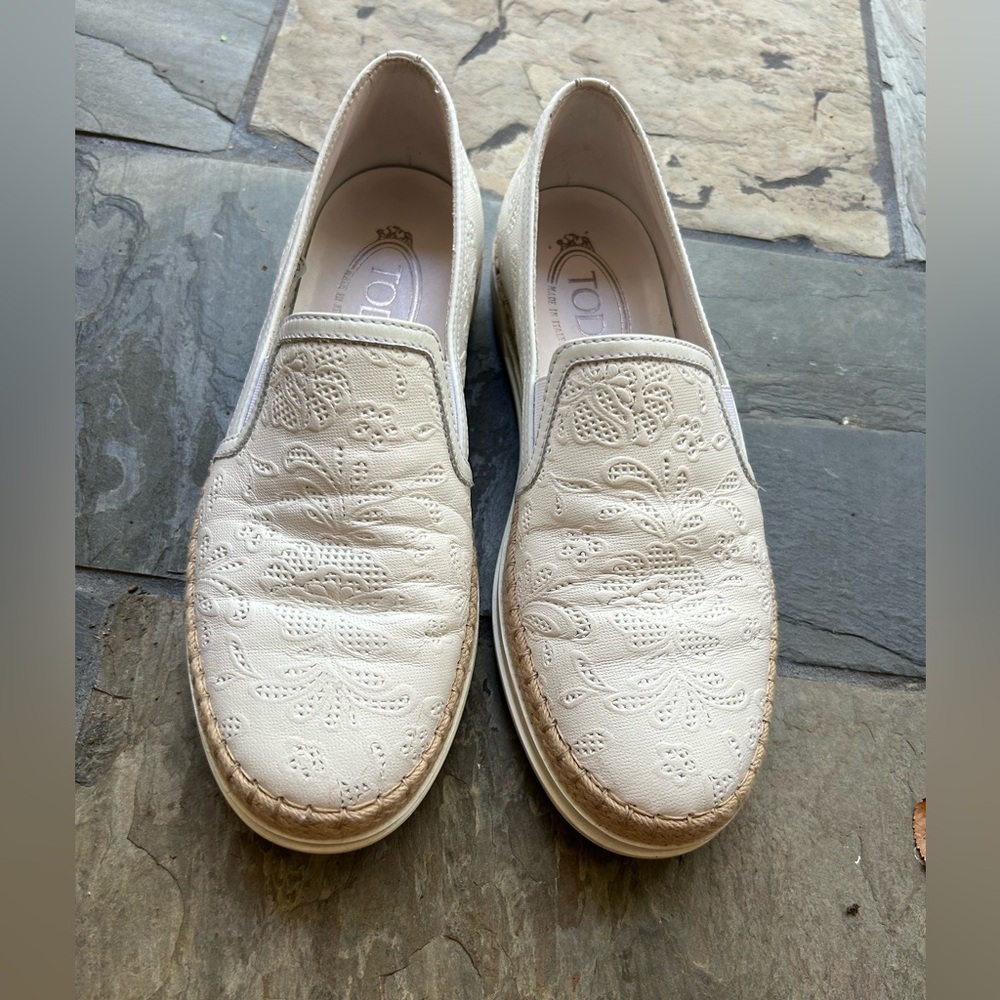 Tod's Ivory Embroidered Loafers
